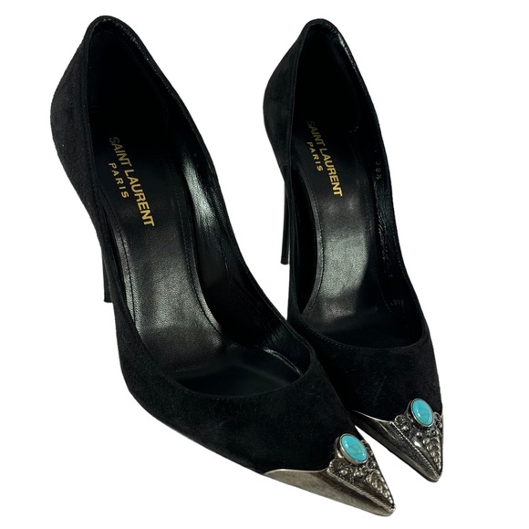 SAINT LAURENT Black Suede Zoe Metal Turquoise Cap Toe Pumps 38.5 - 8.5 US - Picture 5 of 12